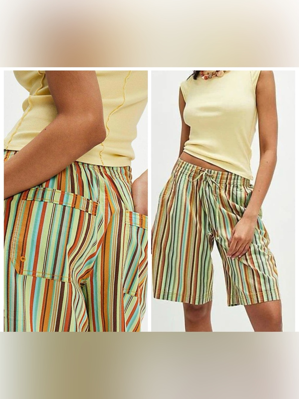 Free People Saylor Poplin Stripe Shorts Yarn Dyed Beach Green Boho Retro Small